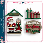 The image is a collage of three Christmas-themed elements, including a Santa's Workshop sign, a wrapped gift, and a sign that says "wrapped in Christmas magic".