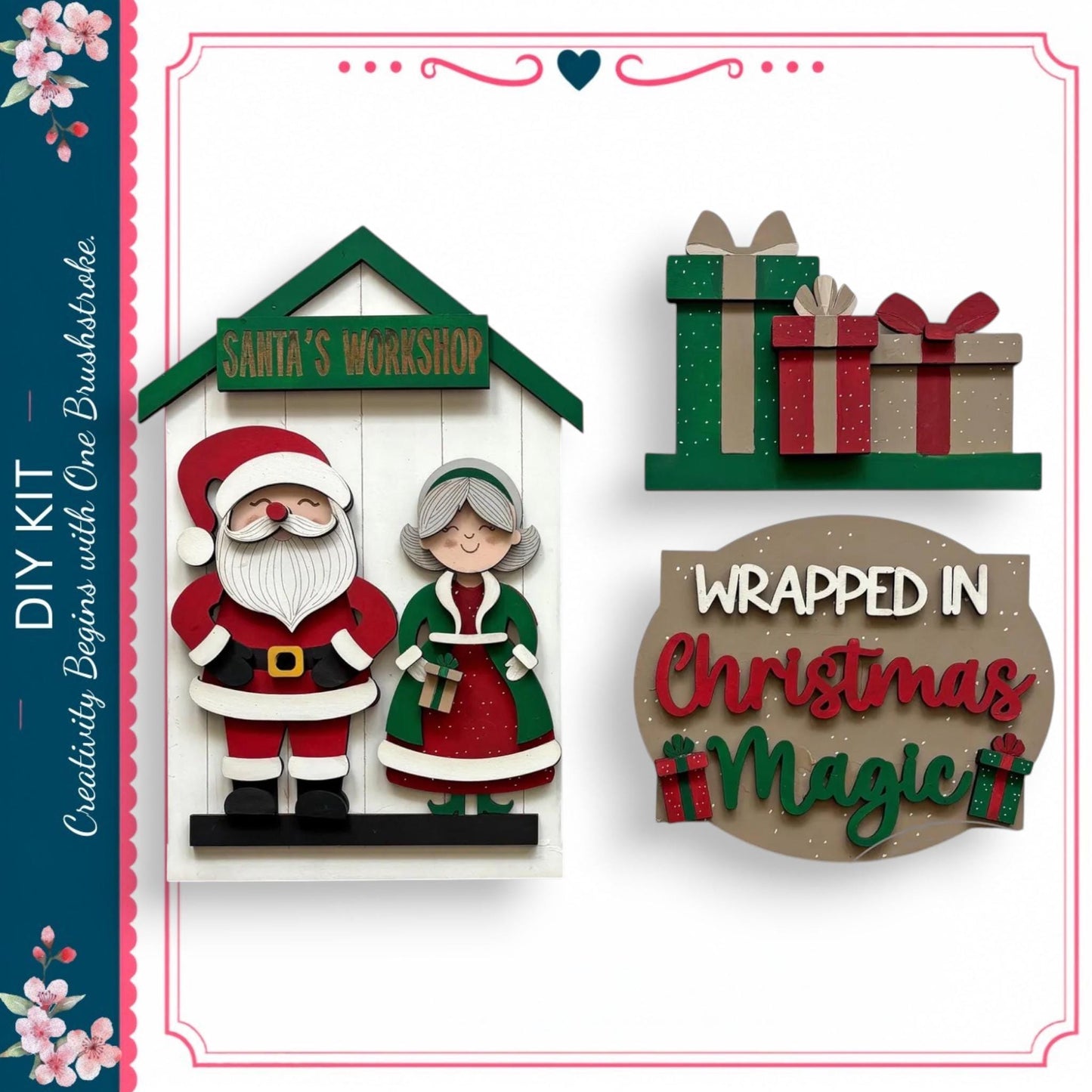 The image is a collage of three Christmas-themed elements, including a Santa's Workshop sign, a wrapped gift, and a sign that says "wrapped in Christmas magic".
