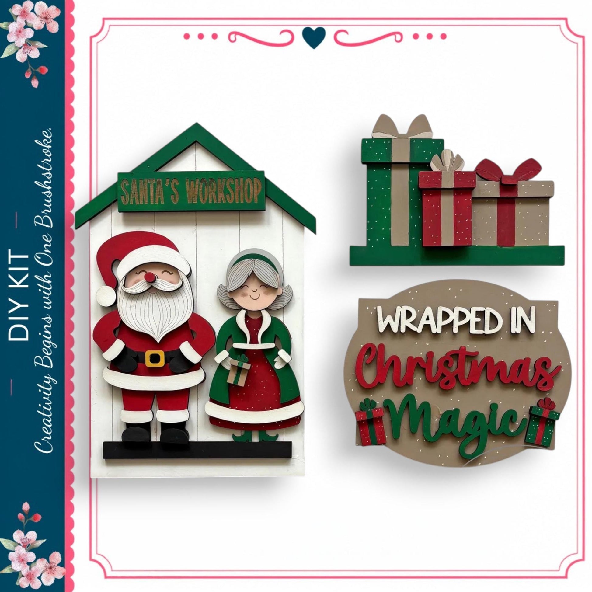 The image is a collage of three Christmas-themed elements, including a Santa's Workshop sign, a wrapped gift, and a sign that says "wrapped in Christmas magic".
