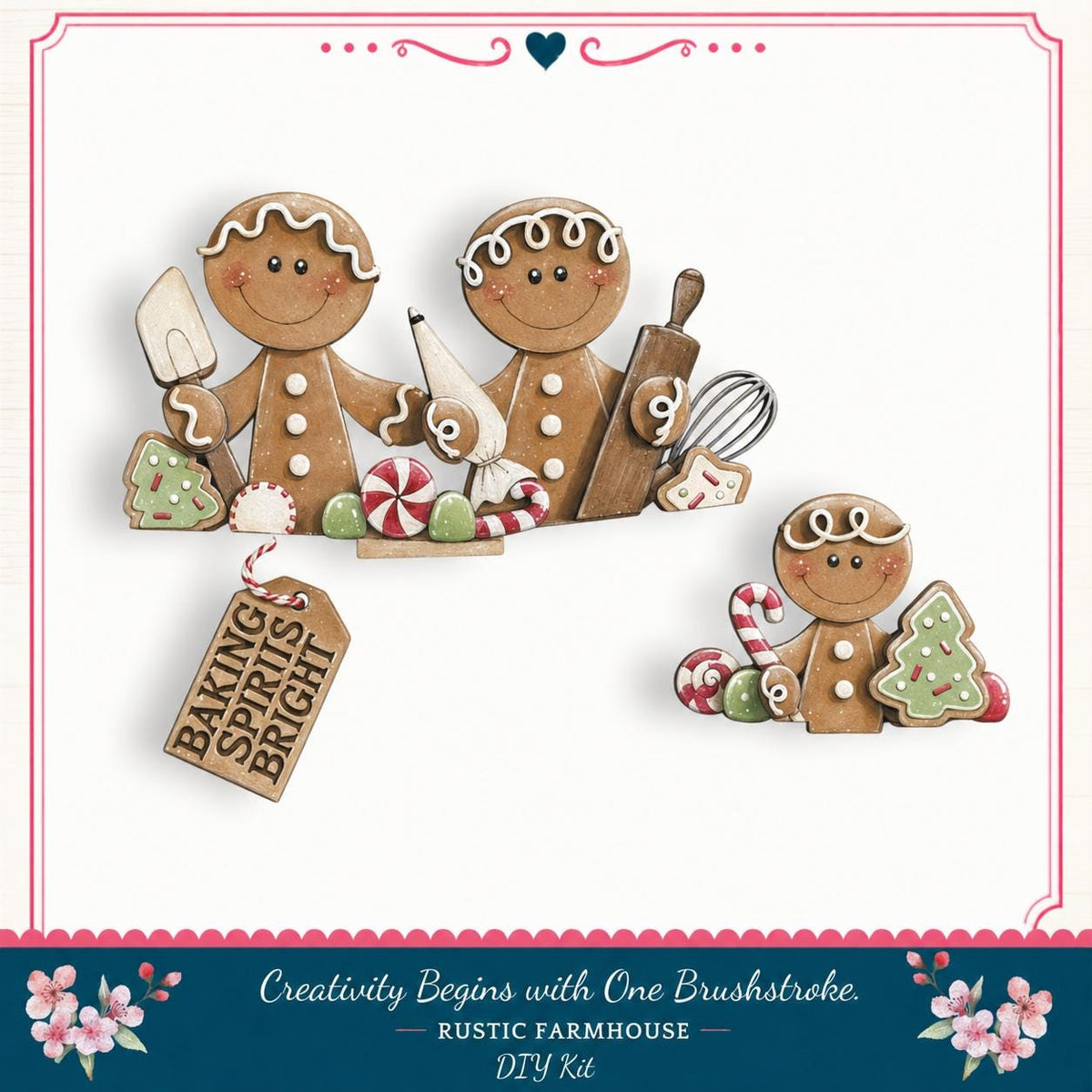 A group of three gingerbread men holding various baking tools and decorations, including a Christmas tree, candy canes, and a tag that says "Baking Spices Bright".