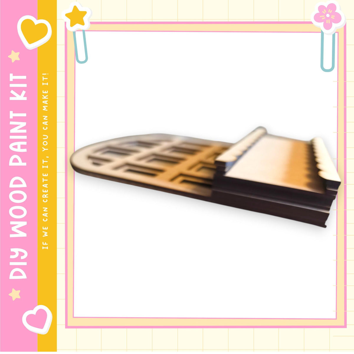 a wooden skateboard ramp with a pink and yellow border.
