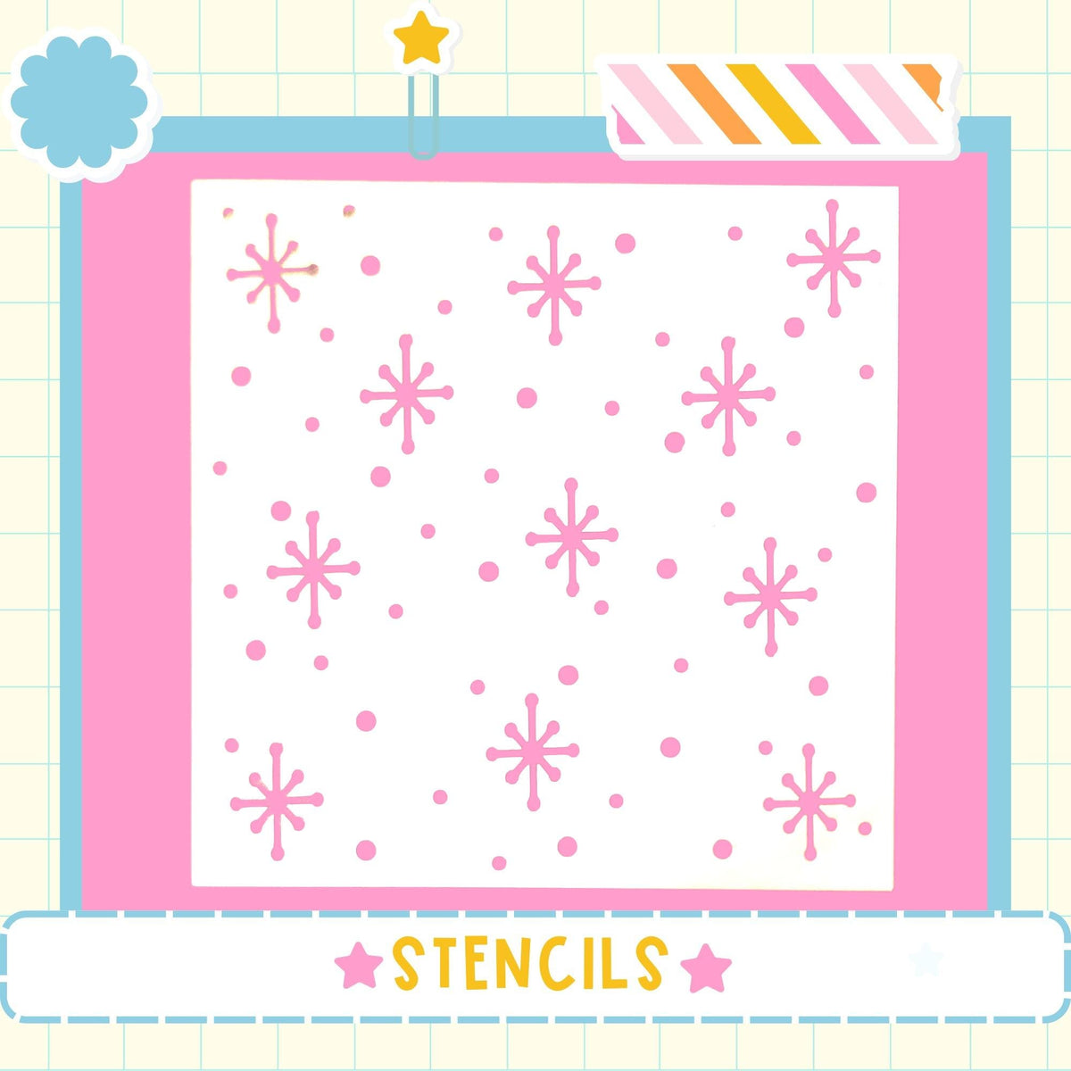 The image is a collage of various images, including a pink and white background with pink snowflake-like shapes and a star. The word "STENCILS" is displayed in the bottom right corner of the image.