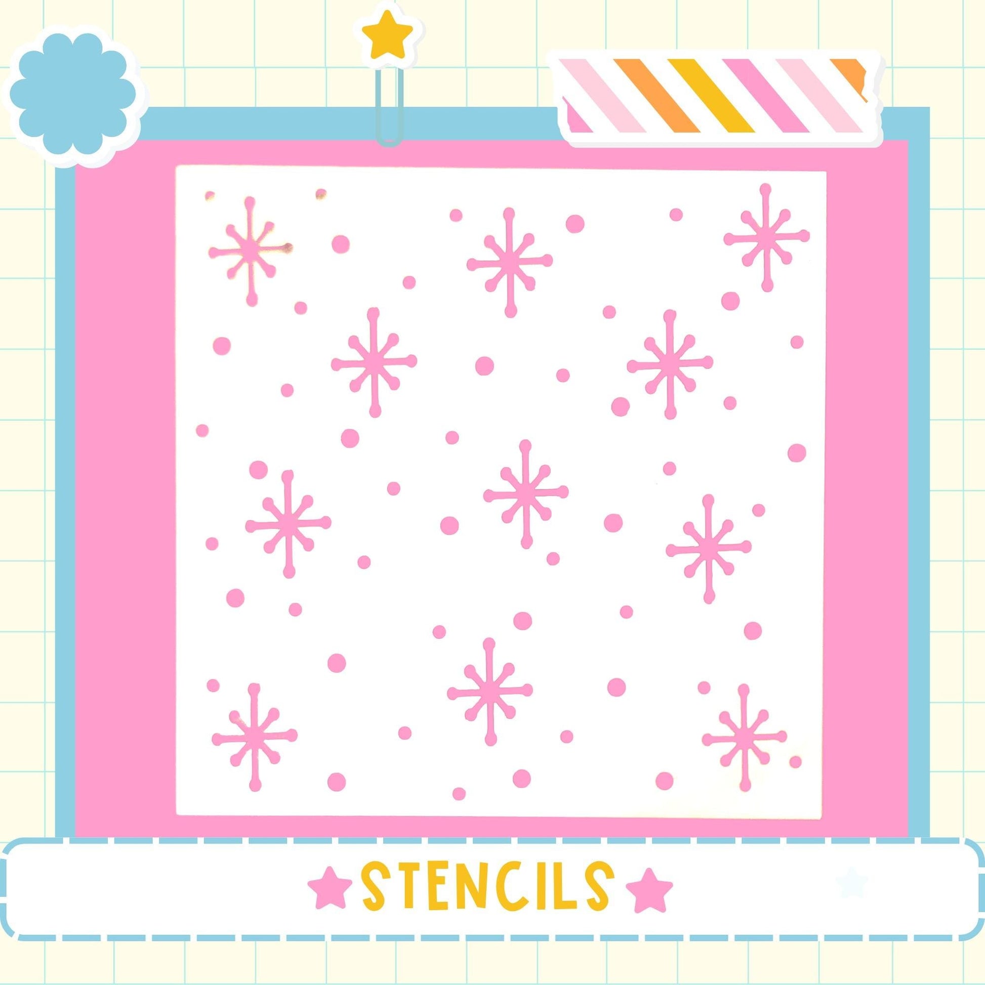 The image is a collage of various images, including a pink and white background with pink snowflake-like shapes and a star. The word "STENCILS" is displayed in the bottom right corner of the image.