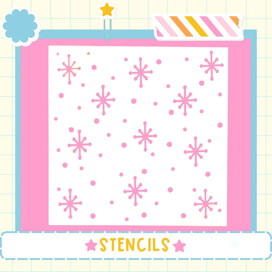 The image is a collage of various images, including a pink and white background with pink snowflake-like shapes and a star. The word "STENCILS" is displayed in the bottom right corner of the image.
