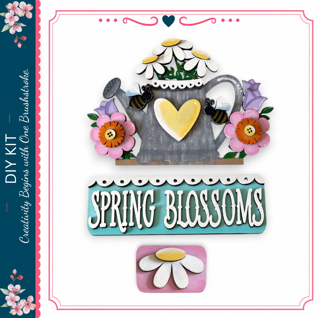 The image is a collage featuring a teapot, flowers, and a sign that reads "Spring Blossoms".