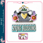 The image is a collage featuring a teapot, flowers, and a sign that reads "Spring Blossoms".