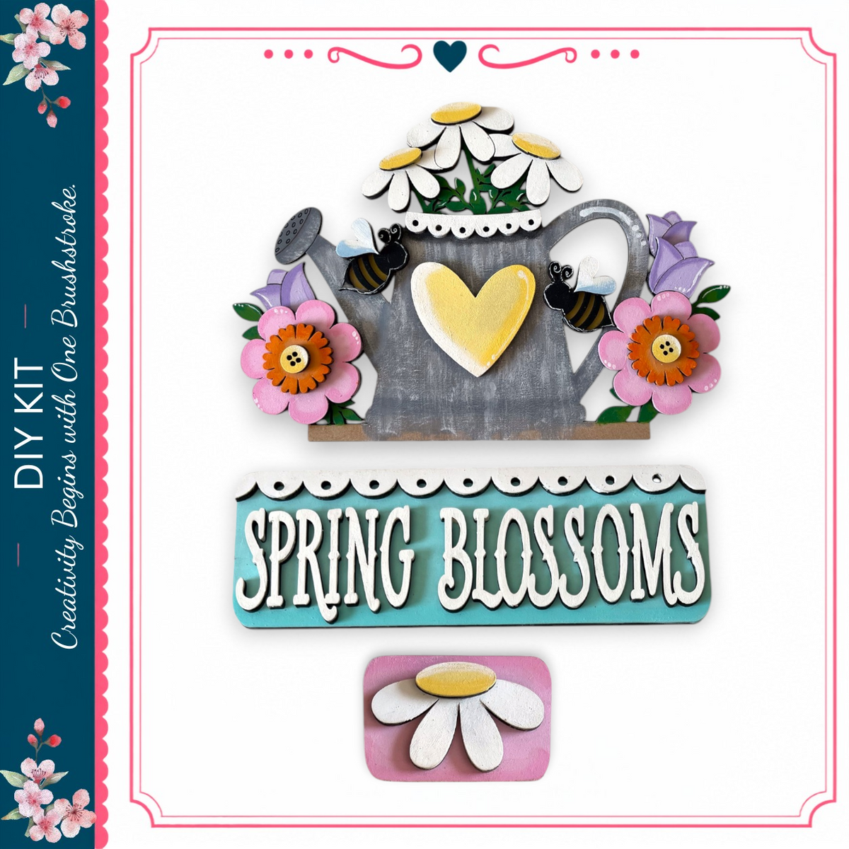 The image is a collage featuring a teapot, flowers, and a sign that reads "Spring Blossoms".