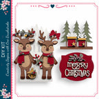 The image is a collage of various Christmas-themed elements, including two wooden reindeer, a red and gold gift box, a red and gold sign, and a tree. The collage appears to be a creative DIY kit for decorating during the holiday season.