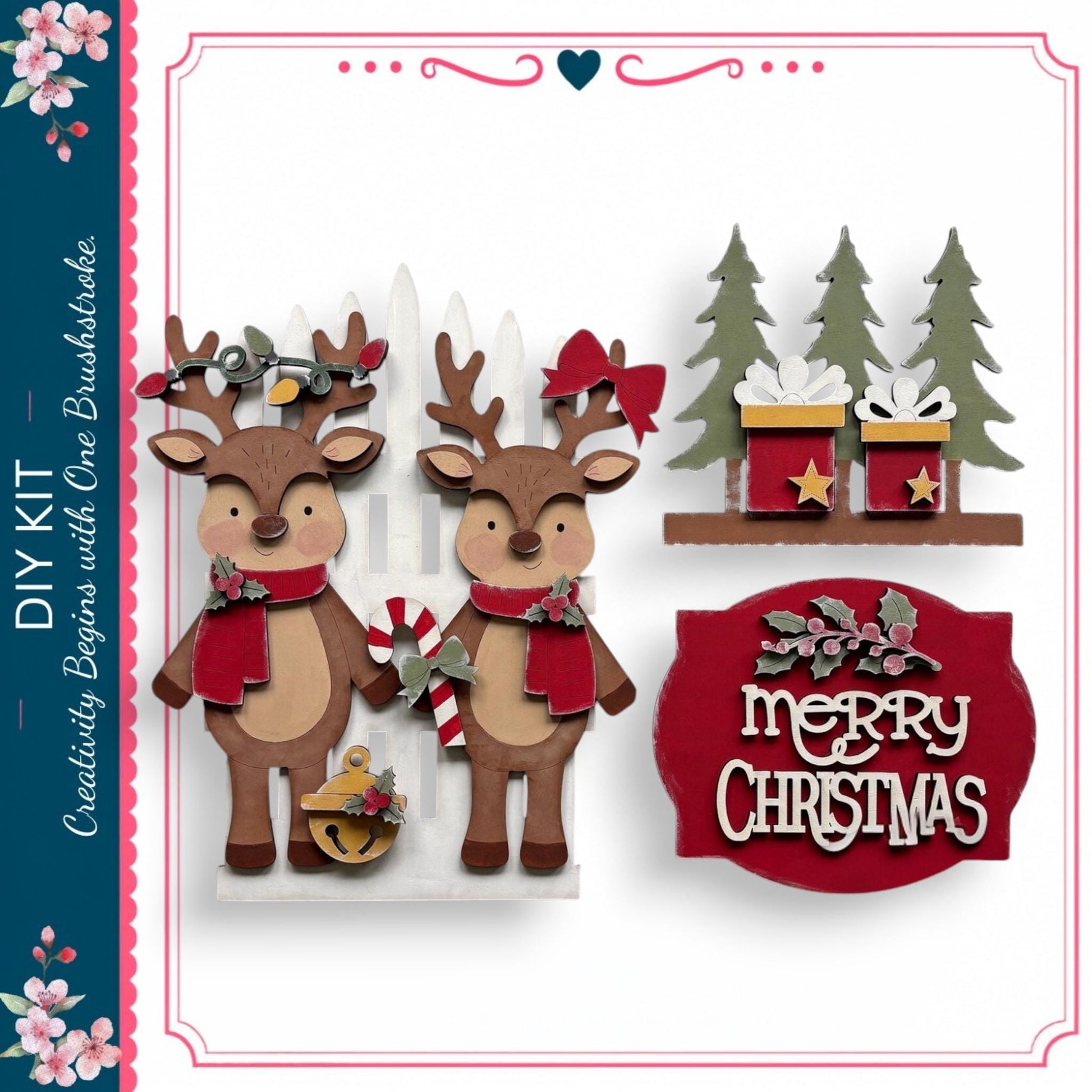 The image is a collage of various Christmas-themed elements, including two wooden reindeer, a red and gold gift box, a red and gold sign, and a tree. The collage appears to be a creative DIY kit for decorating during the holiday season.