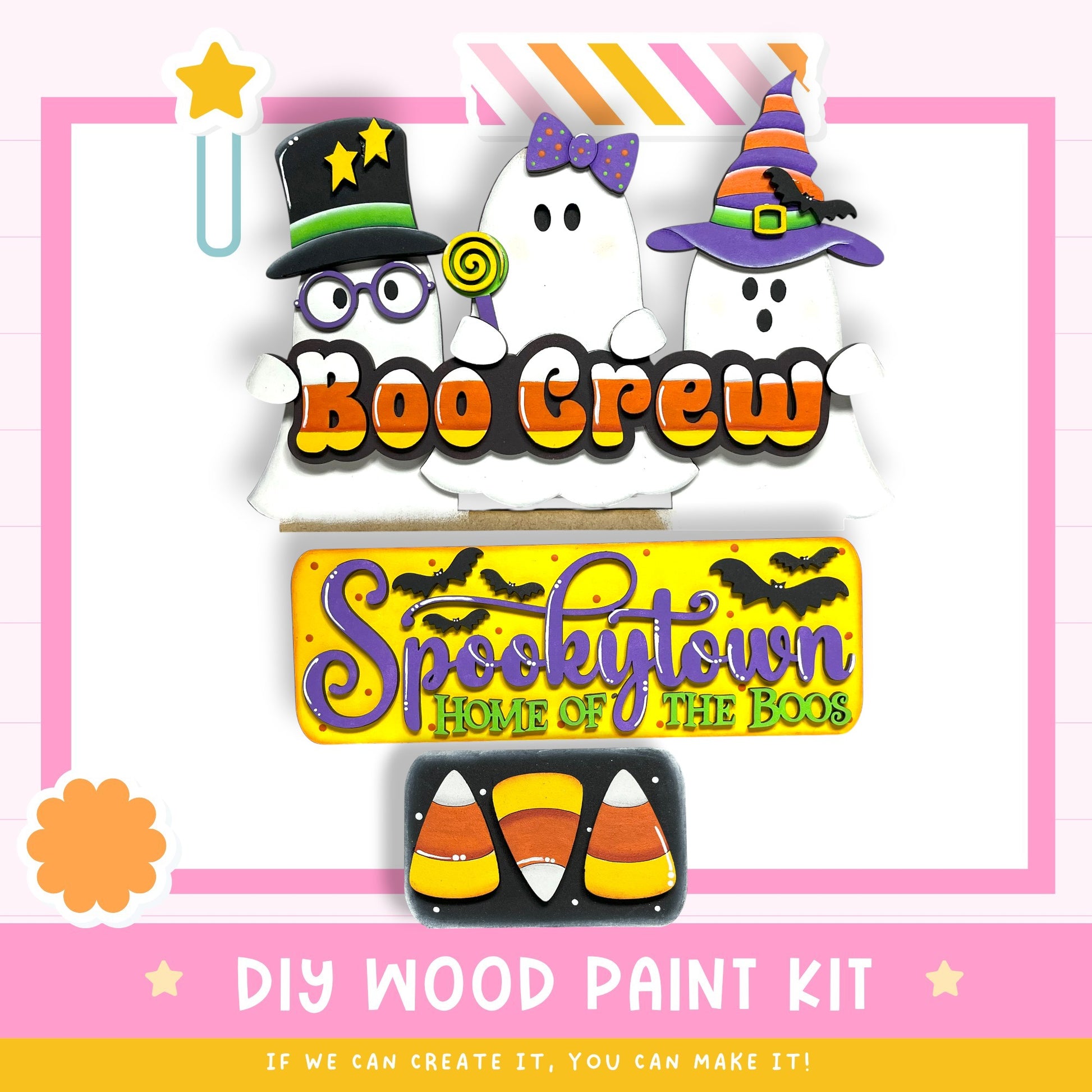 The image is a promotional poster for a DIY wood paint kit for creating Halloween decorations. It features three spooky ghost characters and a sign for "Spookytown Home of the Boos".