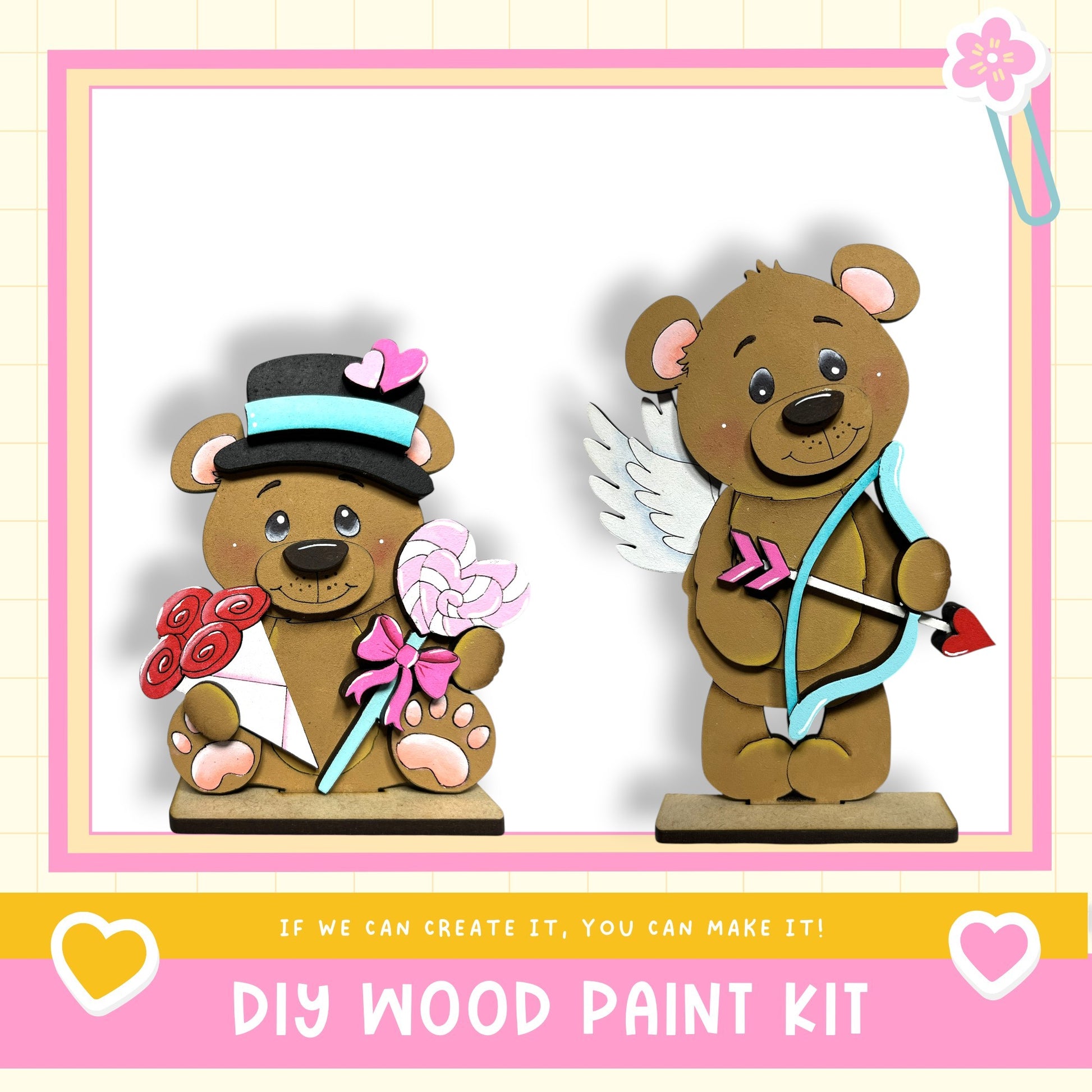 two wooden teddy bears, one holding a bouquet of flowers and the other holding a bow and arrow, set against a pink and white background.