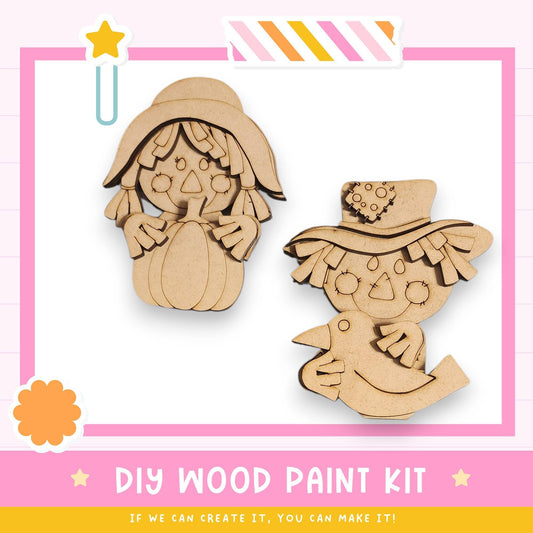 two wooden cutouts of cartoon-like characters, likely representing a DIY wood paint kit. The text below the image encourages creativity and suggests that if the viewer can create the kit, they can make it.