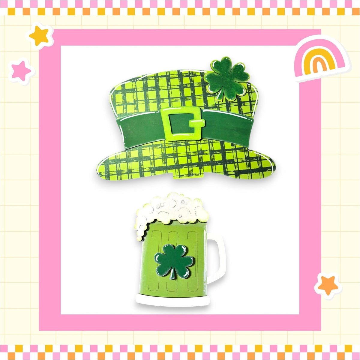 a st patrick's day card with a green hat and a mug of beer