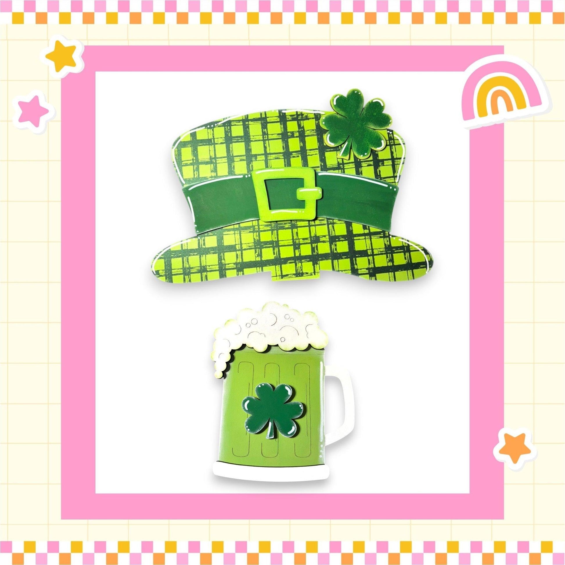 a st patrick's day card with a green hat and a mug of beer
