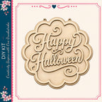 a wooden sign with the text "Happy Halloween" carved into it.