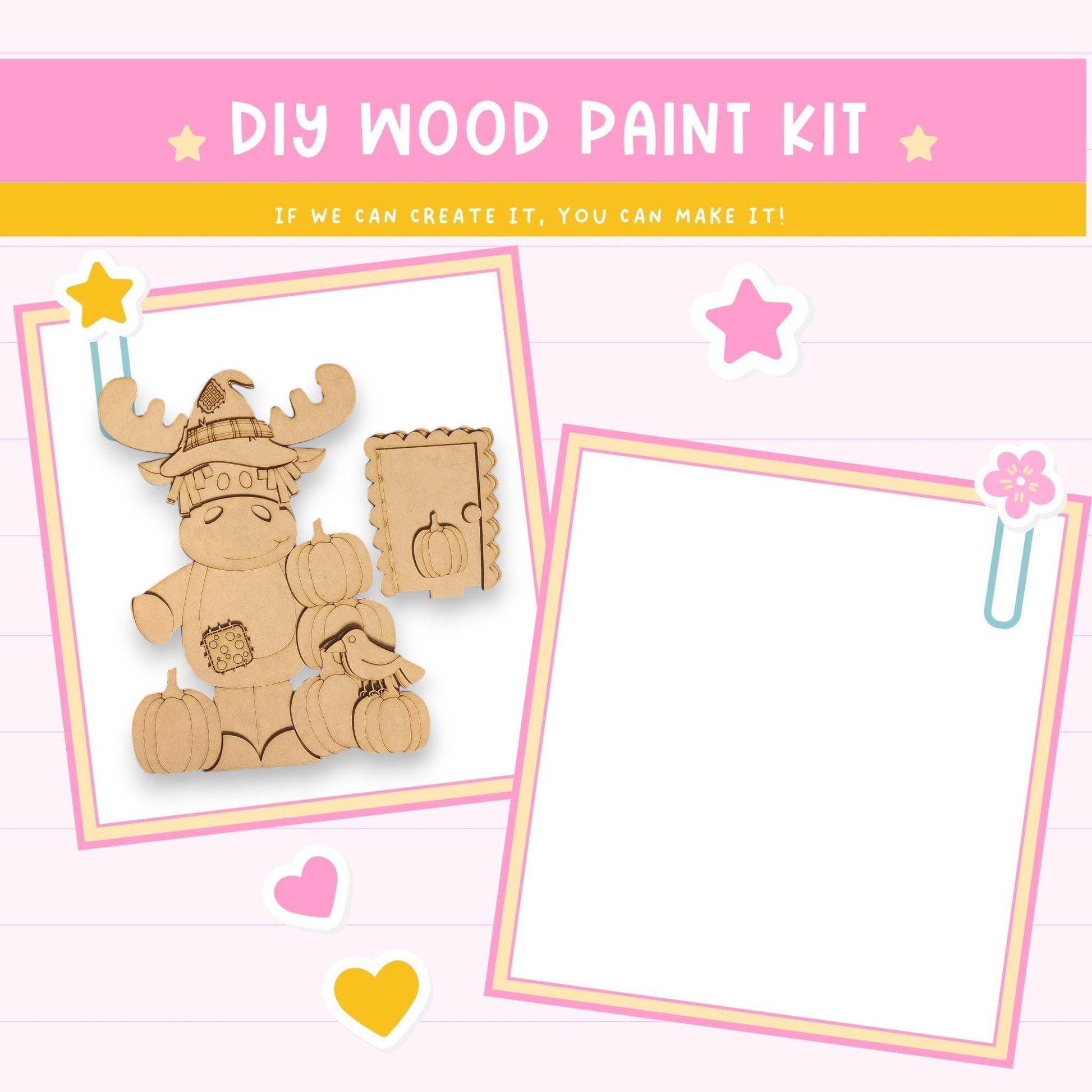 The image is a DIY wood paint kit featuring a wooden moose and a wooden pumpkin. The moose is wearing a hat and holding a pumpkin, while the pumpkin is placed on a wooden surface. The kit appears to be designed for creating wooden decorations or toys.