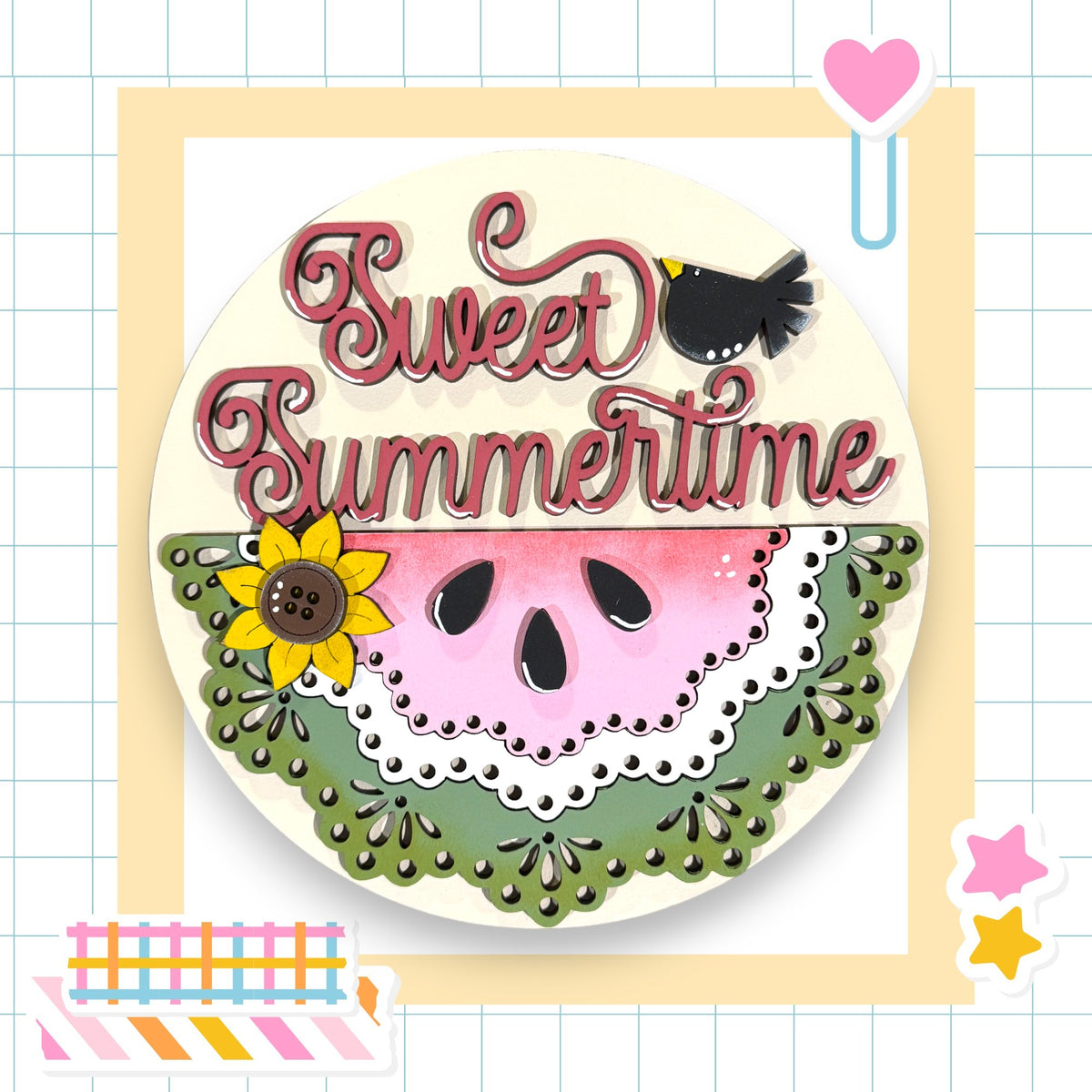 a decorative watermelon slice with the text "Sweet Summertime" written on it, surrounded by various colorful and whimsical elements such as a heart, a bird, and stars.