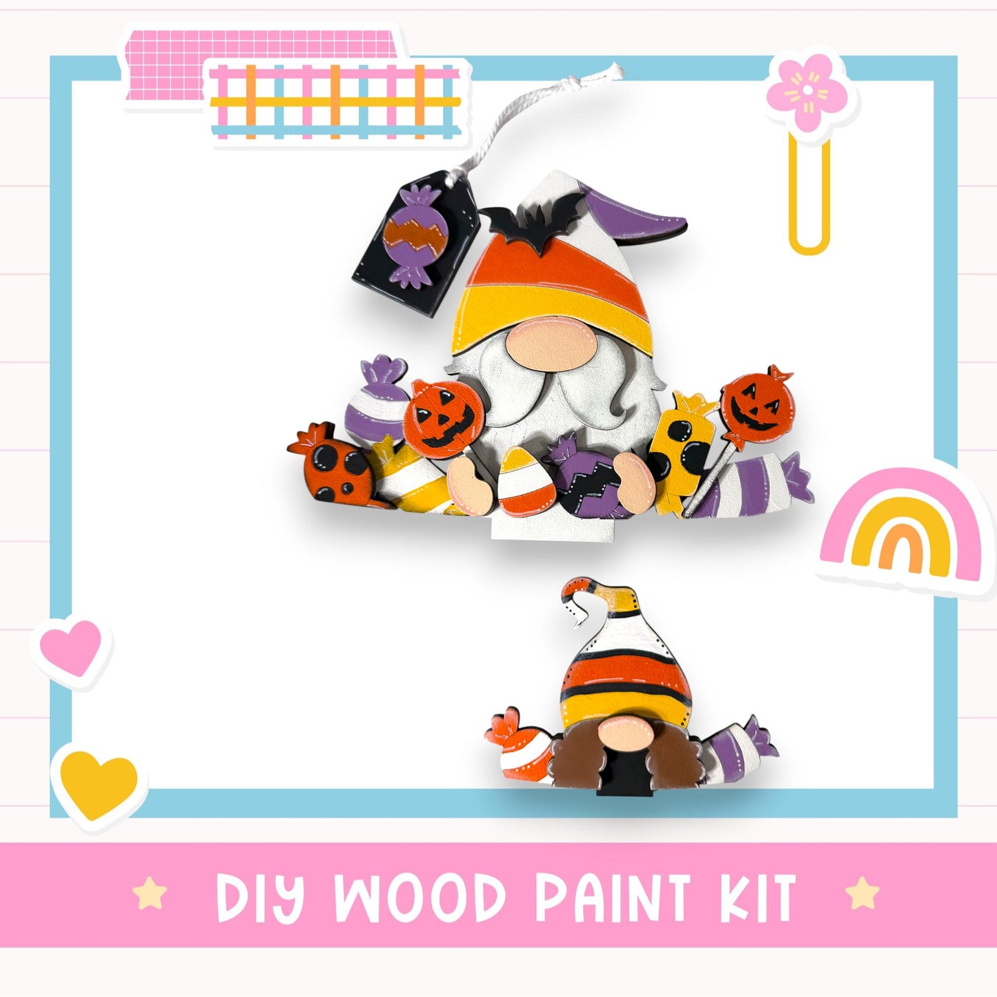 The image is a DIY wood paint kit featuring a gnome and various Halloween-themed items, such as pumpkins and a rainbow.