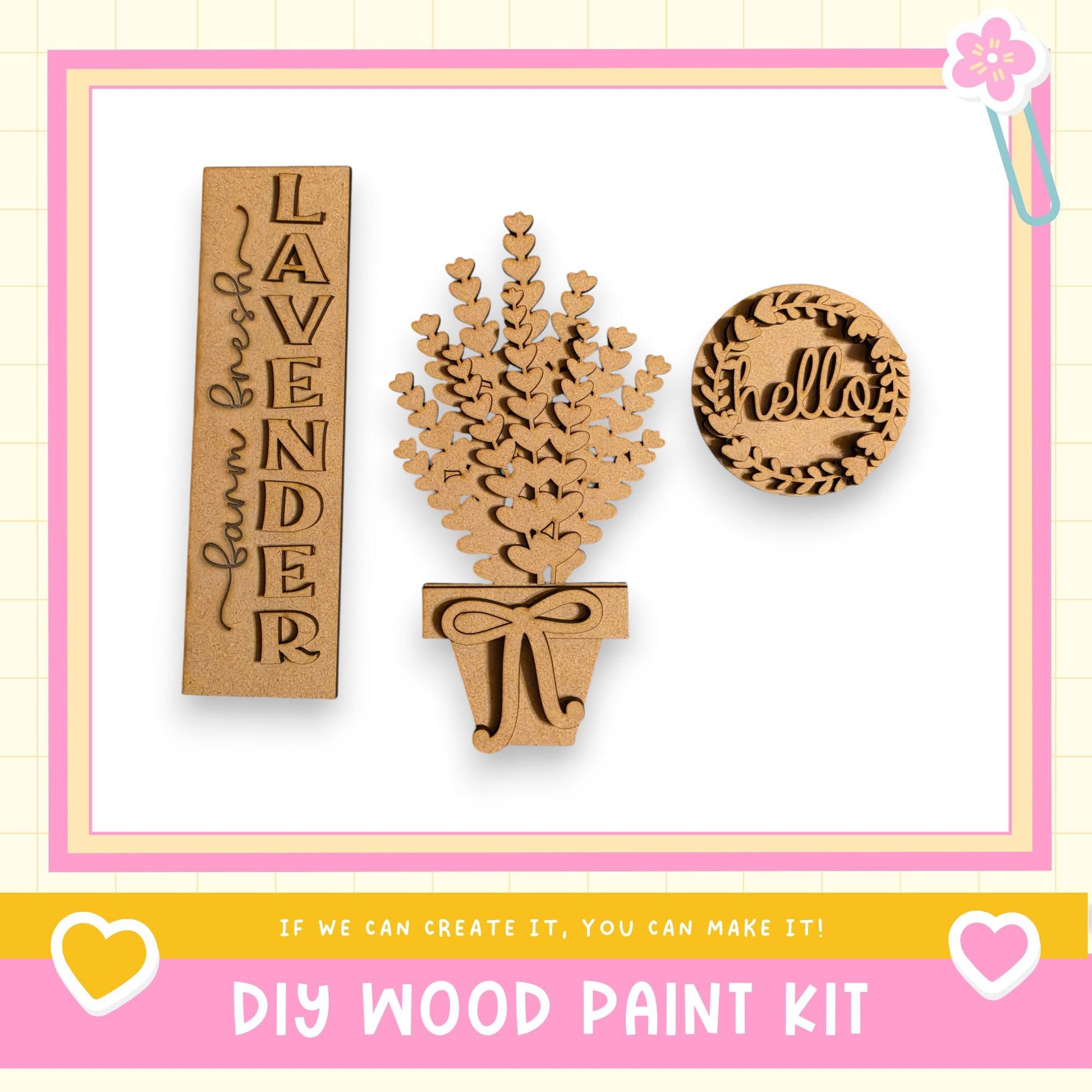 a DIY wood paint kit with a sign that says "LAVENDER" and a heart-shaped object with the word "Hello".