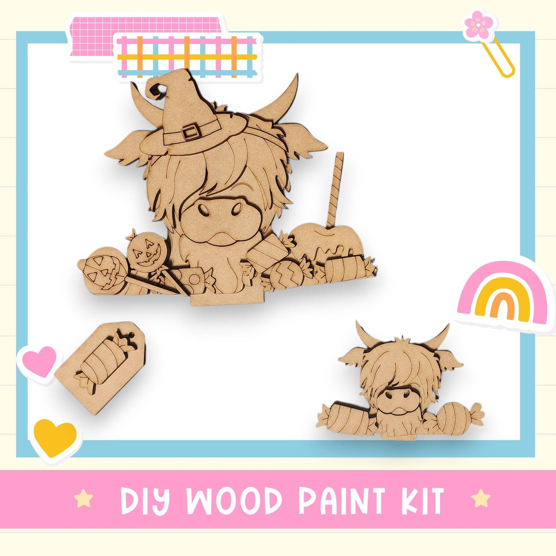 The image is a DIY wood paint kit featuring two wooden animal figures, likely cows, with various accessories and decorations surrounding them.