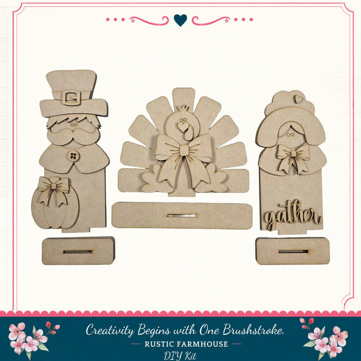 three wooden cutouts of characters, including a man, a woman, and a turkey, arranged in a row.