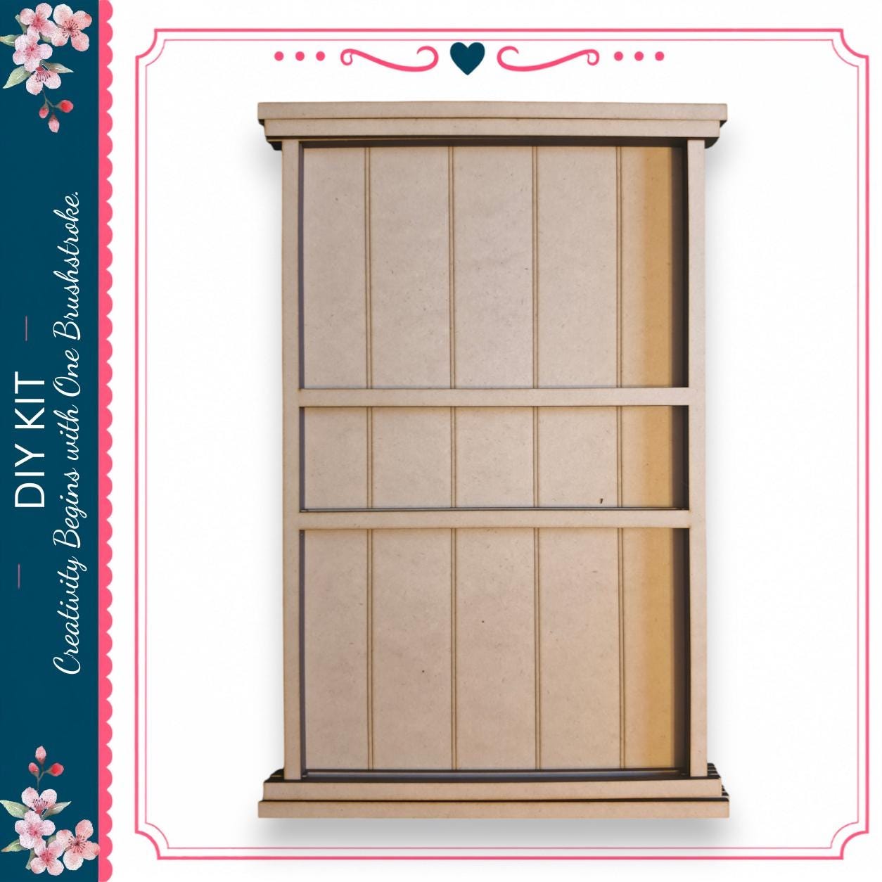 a wooden shelf or cabinet with vertical slats, likely intended for storage or display purposes.