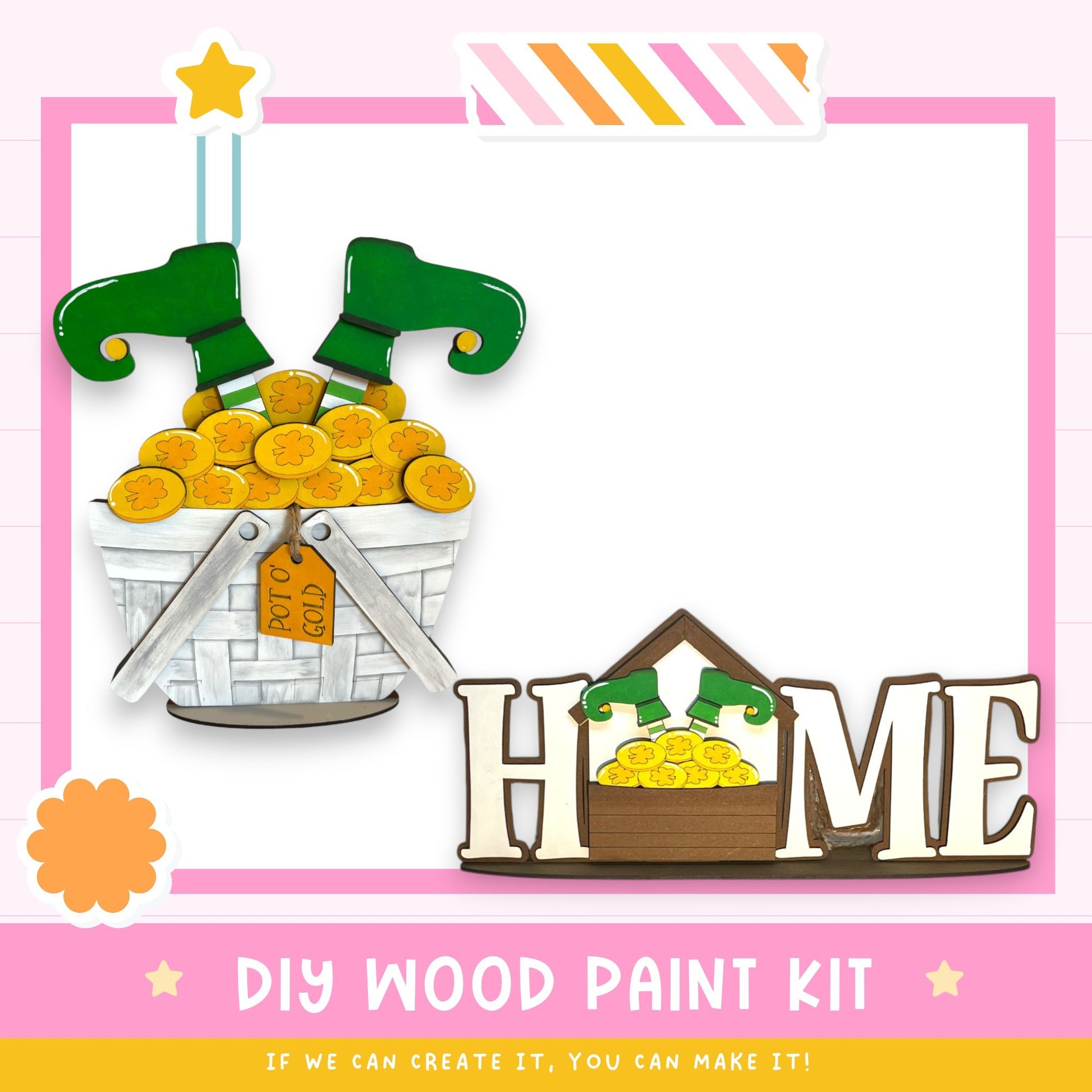 The image is a DIY wood paint kit for creating a wooden sign that says "HOME". The kit includes a wooden sign, a pair of green elf boots, and a basket filled with gold coins. The kit is designed to be a fun and creative project for anyone interested in woodworking and painting.