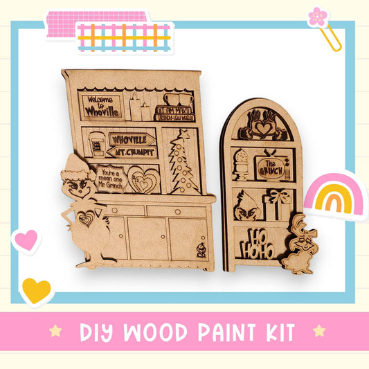 a DIY wood paint kit for creating wooden decorations, including a shelf and a cabinet, with various designs and text.