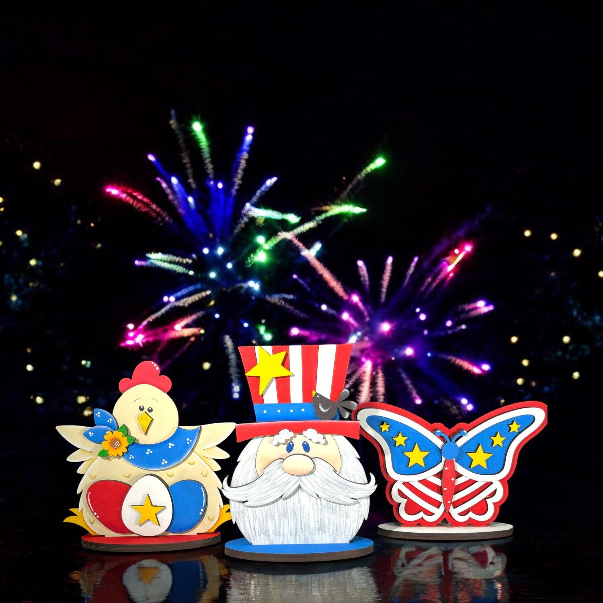 a group of colorful fireworks and a statue of santa