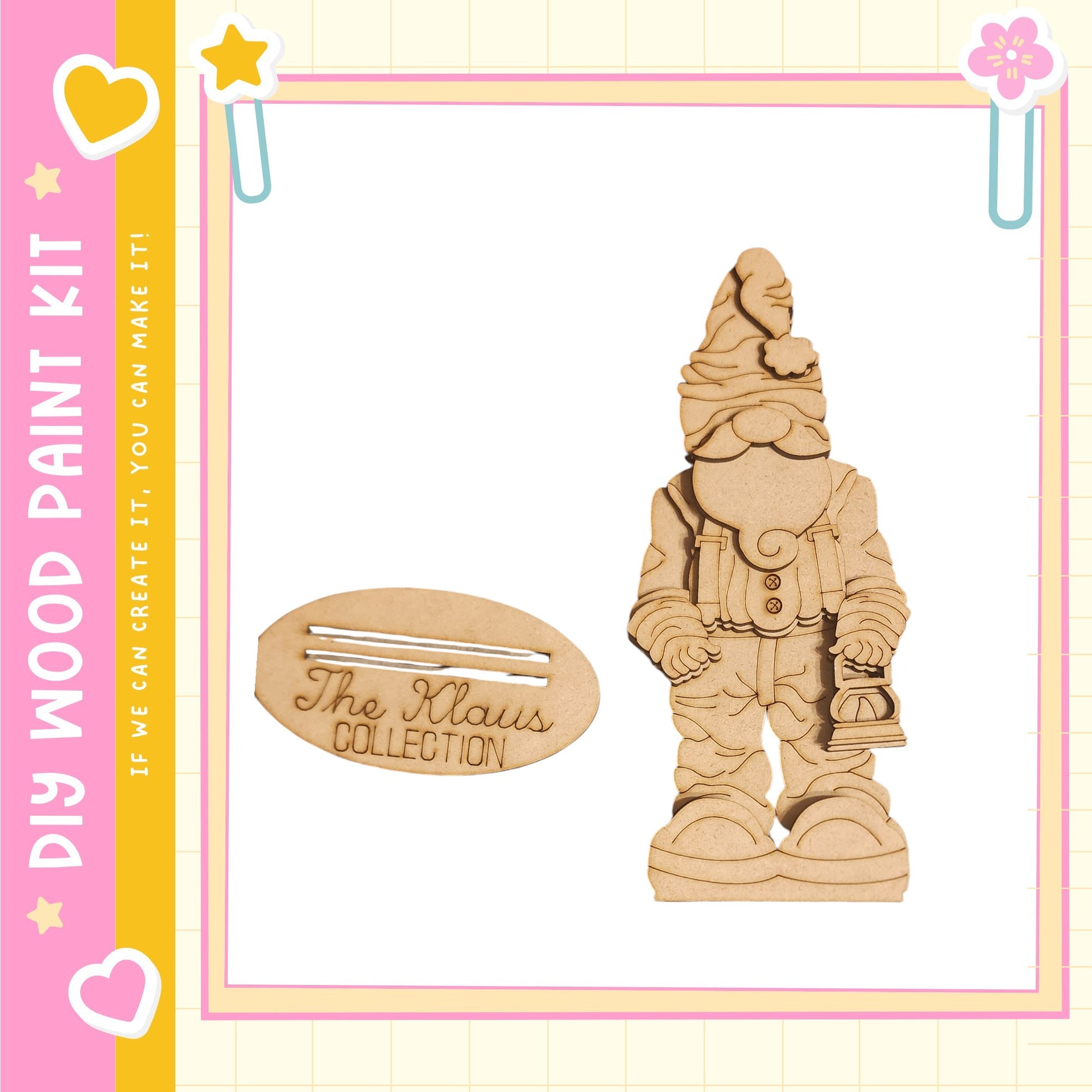 a wooden gnome figure and a wooden plaque with the text "The Klaus Collection" on it, all set against a pink and yellow background.