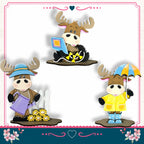 three moose figurines dressed in different outfits, each holding an umbrella and a flower, set against a white background with a pink border.