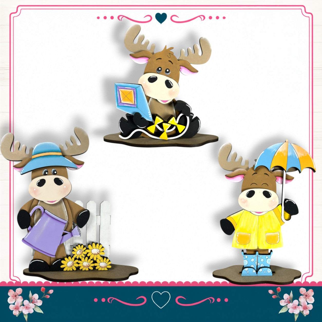 three moose figurines dressed in different outfits, each holding an umbrella and a flower, set against a white background with a pink border.