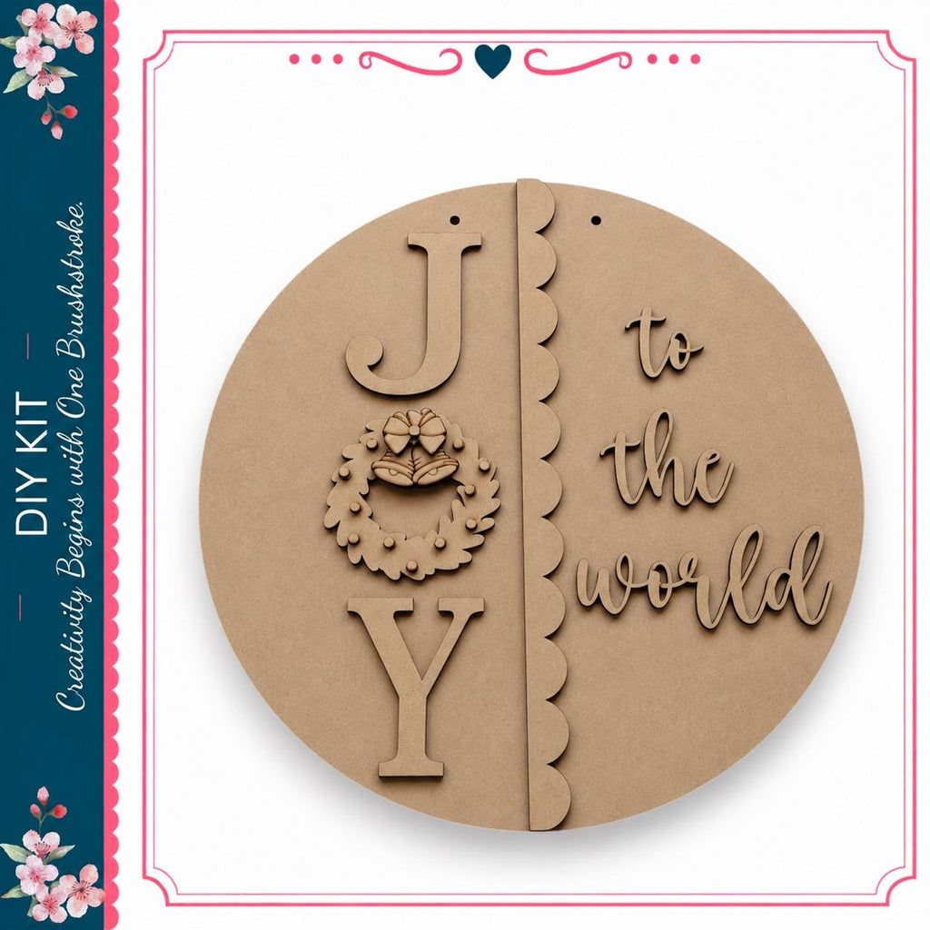 The image is a circular wooden sign with the word "Joy" carved into it.
