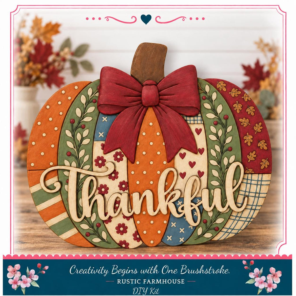 A handcrafted wooden pumpkin sign with a bow, featuring the word "Thankful" written on it, sits on a wooden surface. The background includes autumn leaves and flowers, creating a festive and seasonal atmosphere.