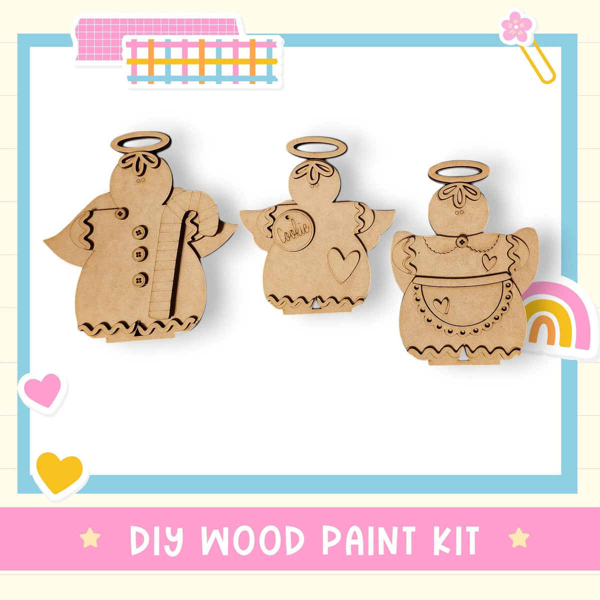 three wooden angels, each with a halo, and a DIY wood paint kit.