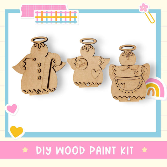three wooden angels, each with a halo, and a DIY wood paint kit.