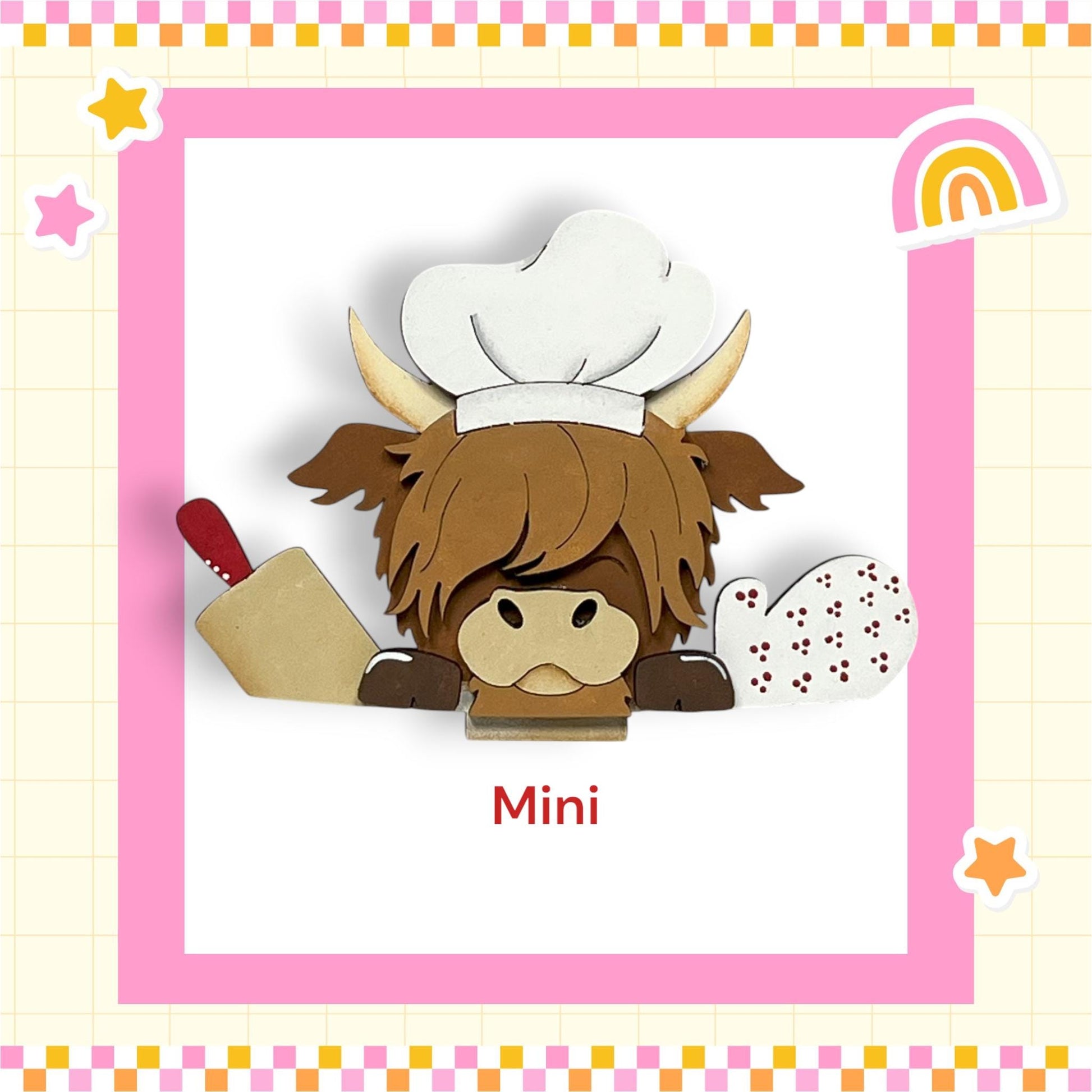 A cartoon image of a cow wearing a chef's hat and holding a rolling pin, with the word "Mini" written below the image.