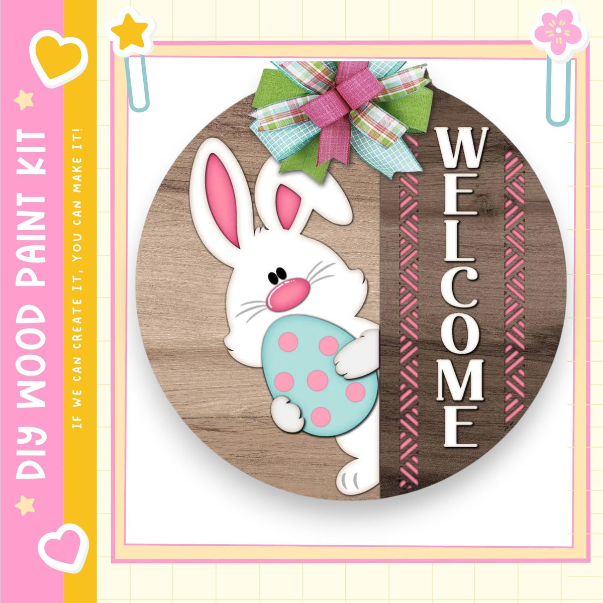 a wooden sign with a cartoon rabbit holding a blue Easter egg, and the word "WELCOME" written on it.