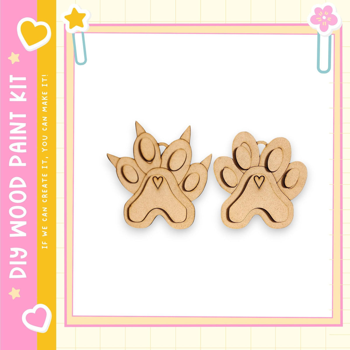two wooden paw print-shaped objects, which appear to be part of a DIY paint kit.