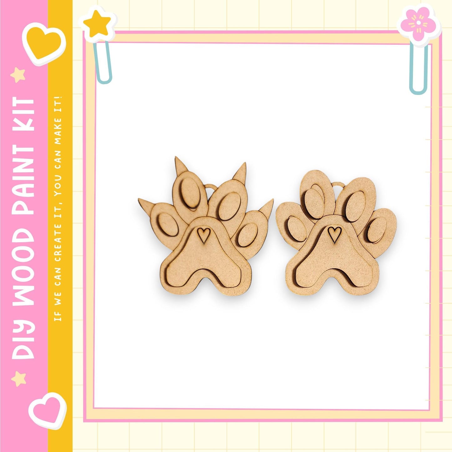 two wooden paw print-shaped objects, which appear to be part of a DIY paint kit.