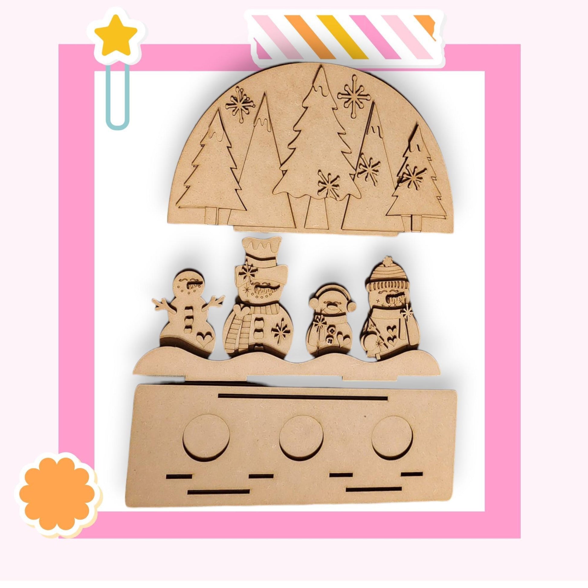 a wooden toy with a picture of a group of people