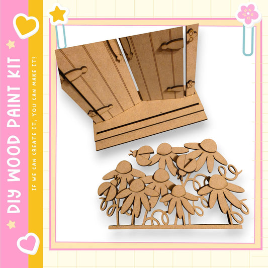 a wooden paint kit with a wooden door and a wooden flower decoration. The kit appears to be designed for creating wooden figures or designs, as indicated by the presence of the wooden door and flower decoration.