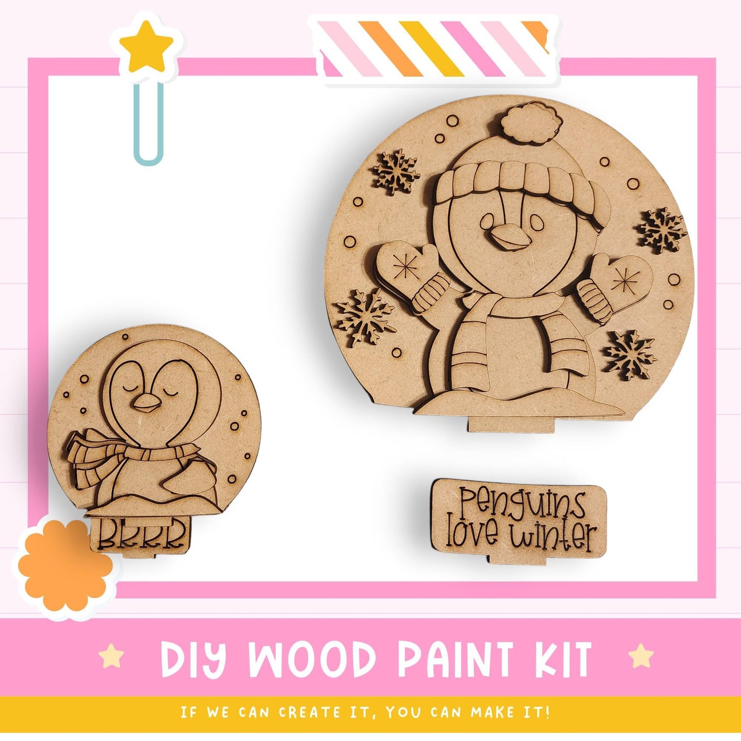 a DIY wood paint kit for creating wooden snowmen and penguins. The kit includes two wooden snowman and penguin shapes, along with a label that says "Penguins Love Winter".