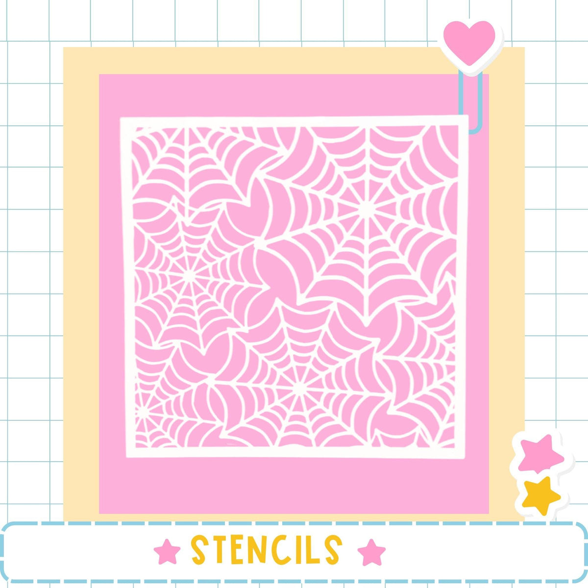 a large square with a pink spider web pattern on it, surrounded by a yellow border. The image is framed by a pink border and includes a heart and two stars as decorative elements. The word "STENCILS" is written in the bottom right corner of the image.