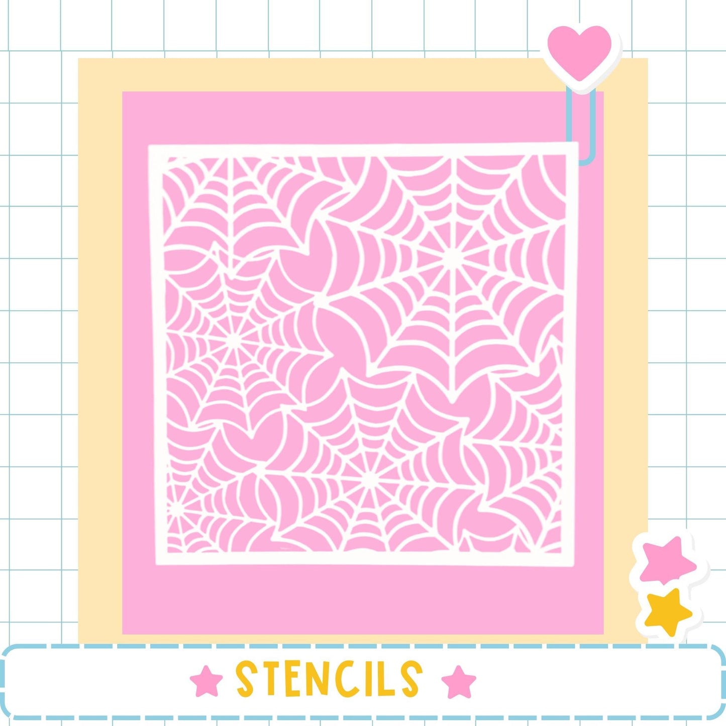 a large square with a pink spider web pattern on it, surrounded by a yellow border. The image is framed by a pink border and includes a heart and two stars as decorative elements. The word "STENCILS" is written in the bottom right corner of the image.
