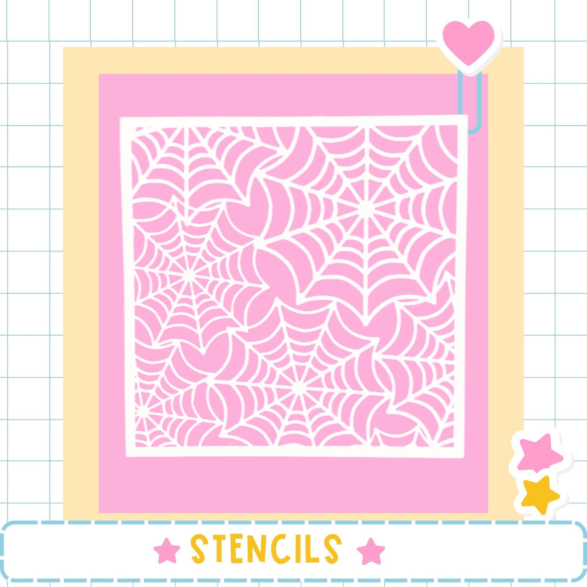a large square with a pink spider web pattern on it, surrounded by a yellow border. The image is framed by a pink border and includes a heart and two stars as decorative elements. The word "STENCILS" is written in the bottom right corner of the image.
