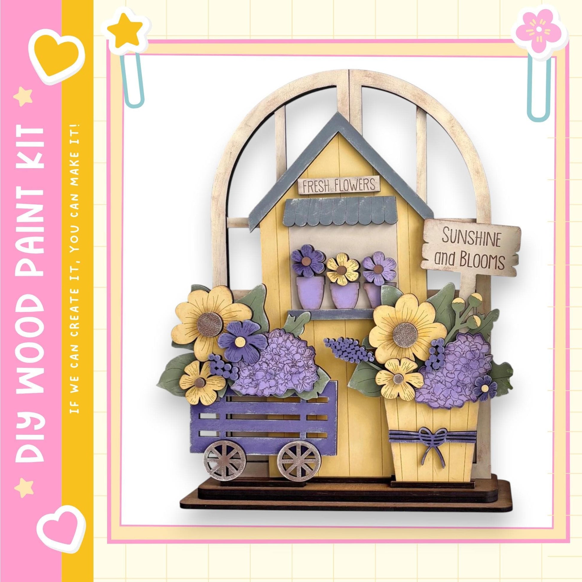 A wooden flower shop with a sign that says "Fresh Flowers" and "Sunshine and Blooms". The shop is decorated with various flowers, including sunflowers, lavender, and purple hydrangeas. The shop is set up in a wooden cart, and there is a sign that reads "Fresh Flowers" above the cart.