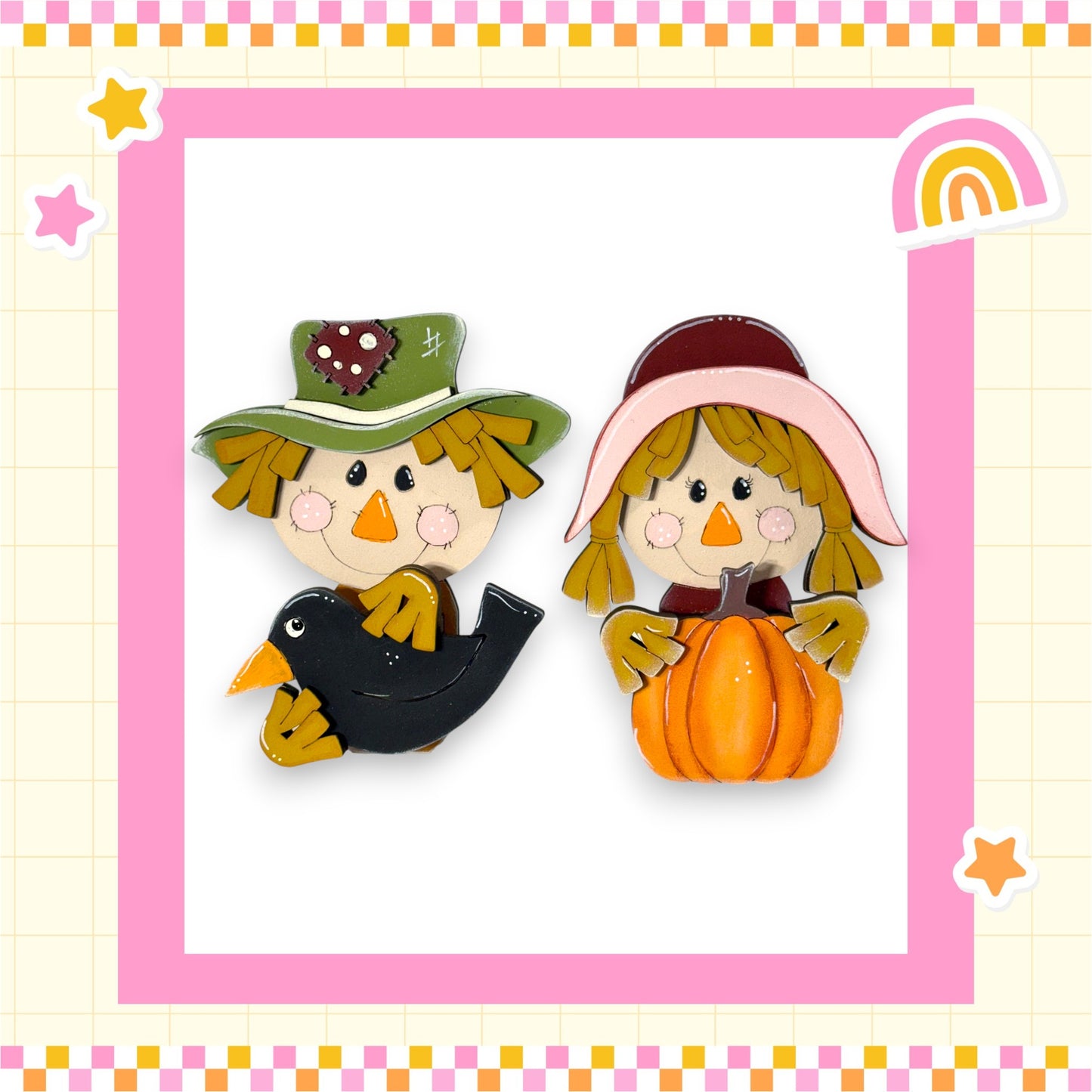 two scarecrow characters, one holding a black bird and the other holding a pumpkin, set against a pink and yellow checkered background with stars and a rainbow.