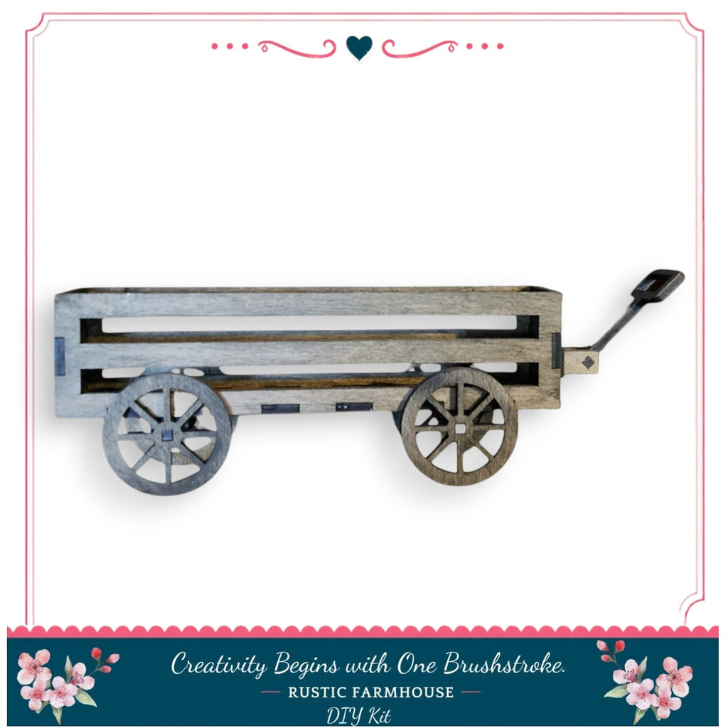 A wooden wagon with a metal frame and wheels, displayed against a white background.
