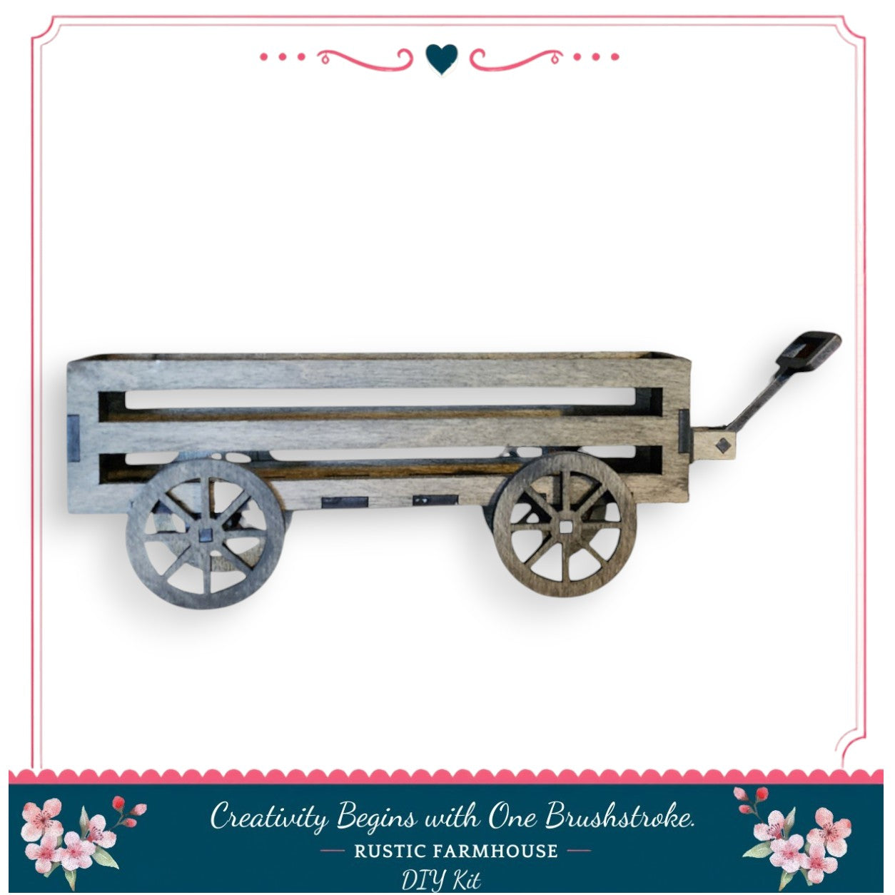 A wooden wagon with a metal frame and wheels, displayed against a white background.